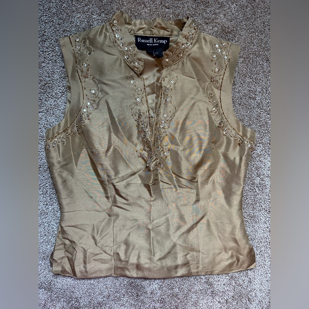 Russell Kemp 100% Silk Embellished Sleeveless Blouse Gold Beaded Top 6